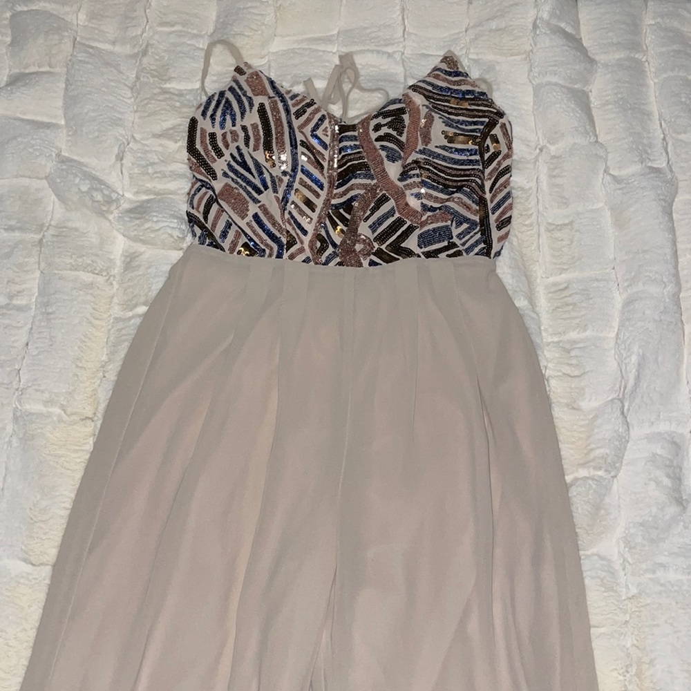FASHION NOVA ONE PIECE PANTS SUIT/SIZE LARGE/BEIGE WITH GOLD & ROYAL BLUE SEQUIN